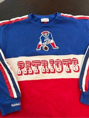 Mitchell & Ness Blue, Red & White Patriots Crewneck Sweater